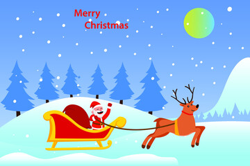 Obraz na płótnie Canvas Christmas day vector concept: Santa claus delivering sack of presents while riding on the sleigh