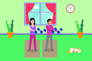 Sports vector concept: Young couple doing workout while using dumbbells together at home