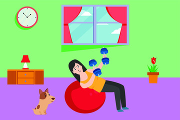 Sports vector concept: Young woman doing workout using pilates ball and dumbbell with her dog at home