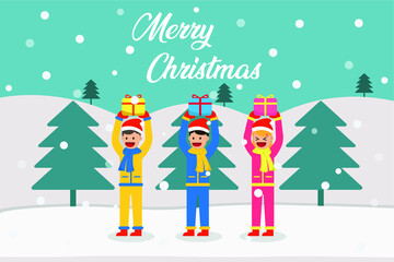 Christmas day vector concept: Children playing with snowman together with merry christmas text