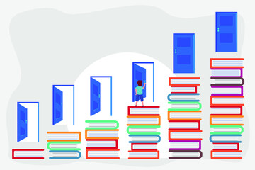 Education vector concept: Schoolboy opening doors while standing on the stacks of books