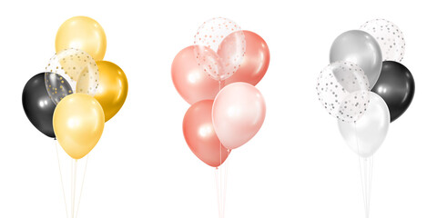 3d vector realistic golden, rose and silver bunches of helium balloons isolated on white background. Decoration element design for birthday, wedding, parties, celebrate festive. Vector illustration