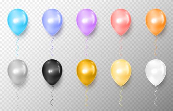 Realistic orange, rose, violet, blue, black, silver, gold, yellow and white balloon vector illustration on transparent background. Decoration element design for birthday, wedding, parties, celebrate
