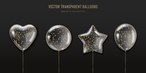 Realistic transparent balloon set with golden confetti inside. Vector balloons illustration for birthday, wedding, parties, celebrate festive. Heart, sphere, star shapes. Design template.