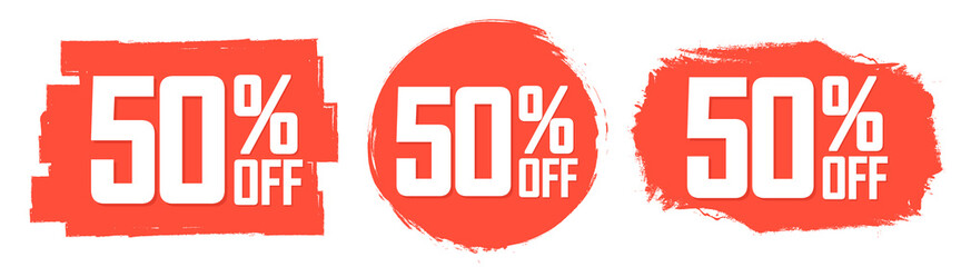 Set Sale 50% off banners, discount tags design template, vector illustration