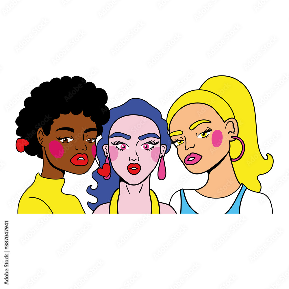 Wall mural interracial group of girls fashion pop art style