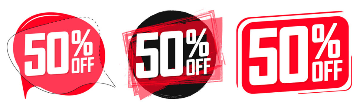 Set Sale 50% off banners, discount tags design template, vector illustration