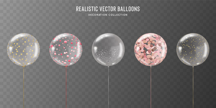 Realistic transparent balloon set with golden, rose, pink and silver confetti inside. Vector balloons illustration for birthday, wedding, parties, celebrate festive. Design template