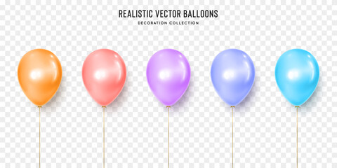 Realistic orange, rose, violet, navy and blue balloon vector illustration on transparent background. Decoration element design for birthday, wedding, parties, celebrate festive. Vector template