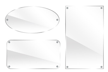 Glass buttons. Plexiglass circle and rectangles on a white background. Glossy shapes. Vector illustration. Stock image.