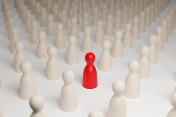 Red pawn figure surrounded by white pawns. Selective focus. Difference concept 3d illustration.