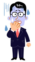 眼鏡をかけた真面目そうなビジネスマンの顔色が青くなる_全身
