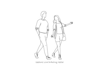 Fototapeta na wymiar Illustration of people walking when talking. Gesture line drawing vector.