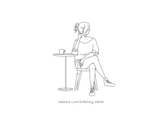 Illustration of woman Sitting in Cafe. Gesture line drawing vector.