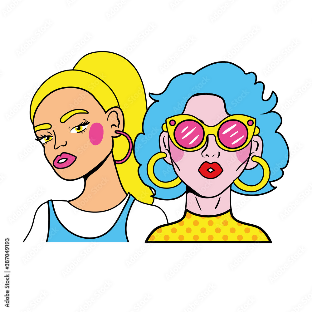 Poster blue hair woman and blond girl couple fashion pop art style