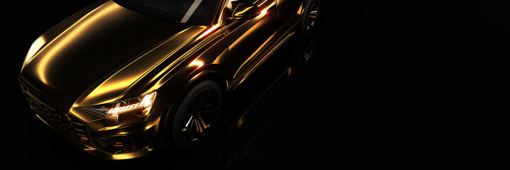 Gold sports car, studio setup on a golden background. 3d rendering