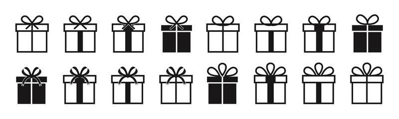 Gift box icon in line style isolated on white background. Illustration of gift box icon set. Christmas gift icon illustration vector symbol. Present gift box icon. Package in gift wrap.