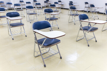 Interior empty classroom in university, Concept of back to school, setting of chair in the room design social distancing