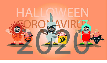 Coronavirus costume for hallowen celebration, virus, vaccine, and gel alcohol bottle. Vector illustration.