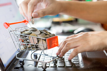 Hand holding a coin , Many coins in a shopping cart , woman's hand using a laptop computer  for online shopping concept