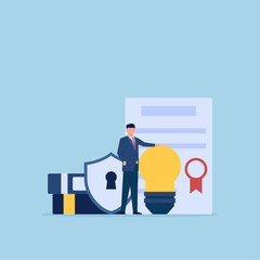 Man with bulb and law certificate for intellectual property flat conceptual illustration.