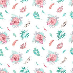 Seamless pattern of floral arrangement Tropical palm leaves, pampas rose, eucalyptus branches, greenery on white background