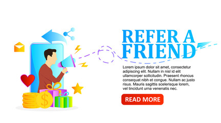vector illustration man with megaphone for refer a friend program promotion