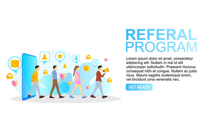 colorful background with man and woman for program refer a friend promotion 