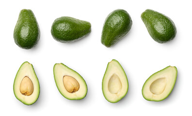 Collection of avocados isolated on white background