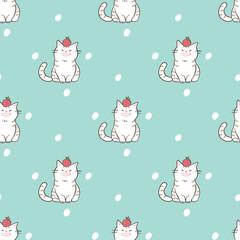 Seamless Pattern with Cartoon Cat Design on Green Background