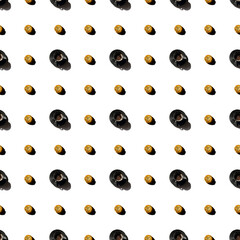 Pattern with a cup of coffee and cookies on a white background.