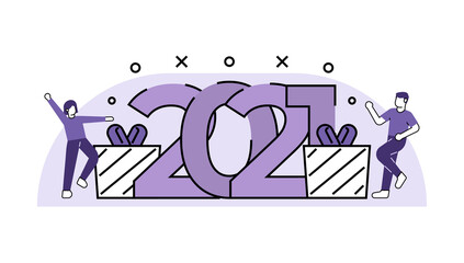 happy new year 2021. illustration of people celebrating New Year's party 2020 to 2021. gifts and numbers. boys and girls are having fun. festival. flat and outline style. design elements.