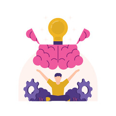 open minded and out of the box concept. brilliant and genius. illustration of a man meditating for ideas and serenity. brains, light bulbs, and gears. flat style. design elements