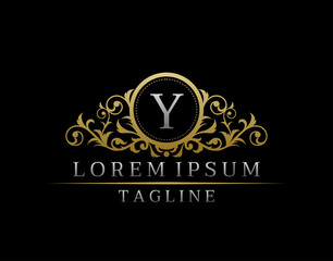 Luxury Boutique Letter Y Monogram Logo, Vintage Golden Badge With Elegant Floral Design.