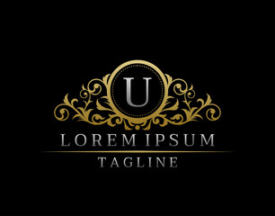 Luxury Boutique Letter U Monogram Logo, Vintage Golden Badge With Elegant Floral Design.