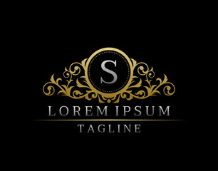 Luxury Boutique Letter S Monogram Logo, Vintage Golden Badge With Elegant Floral Design.