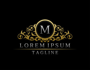 Luxury Boutique Letter M Monogram Logo, Elegant Gold Badge With Classy Floral Design.