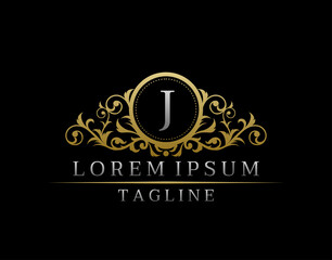 Luxury Boutique Letter J Monogram Logo, Elegant Gold Badge With Classy Floral Design.