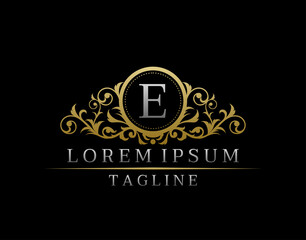 Luxury Boutique Letter E Monogram Logo, Elegant Gold Badge With Classy Floral Design.