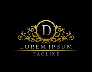 Luxury Boutique Letter D Monogram Logo, Elegant Gold Badge With Classy Floral Design.