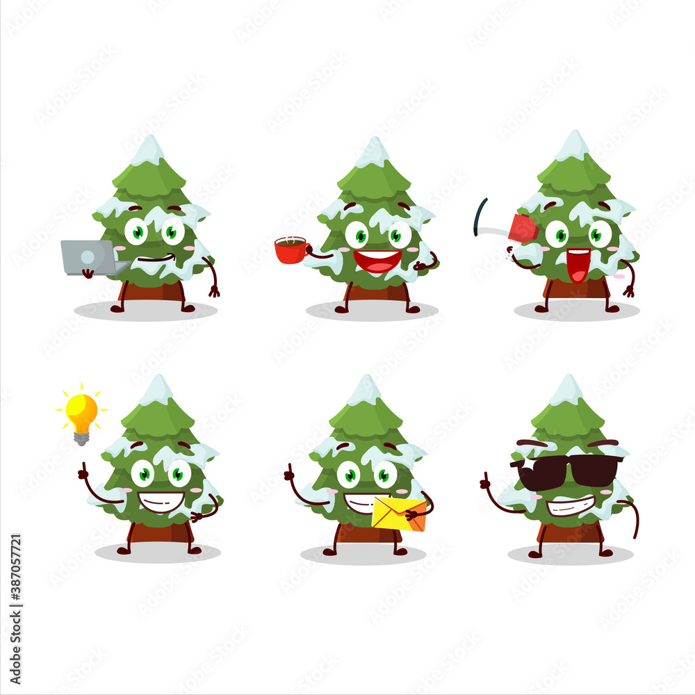 Sticker green snow christmas tree cartoon character with various types of business emoticons