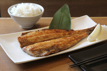 Grilled Hokke, Japanese fish in Hokkaido,  and rice, Japanese food