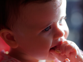 baby with blue eyes eating piece of bread