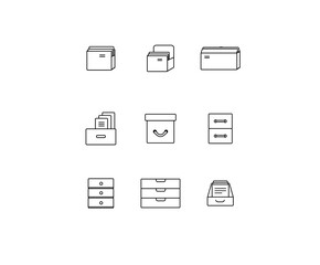 Drawers, filling icon set. Large, boxes, filing cabinet, sectional, guarded, checked, channel, asset, minimal vector illustrations. Minimal outline stroke icon set for websites.
