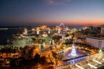 Malaga city view at night at christmas time