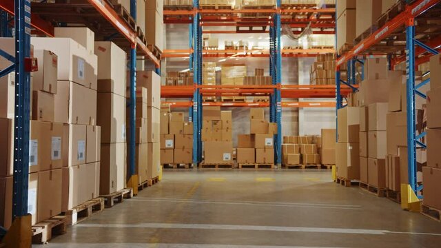 In Big Retail Warehouse Moving Sunlight Illuminates Shelves with Cardboard Boxes. Forklift Driving in Logistics, Distribution Center with Products Ready for Global Shipment, Customer Delivery