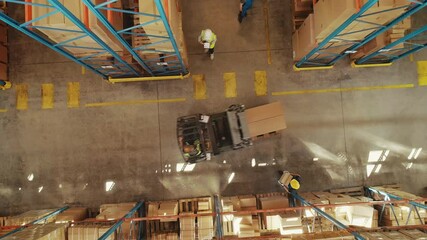 Top-Down View: In Warehouse People Working, Forklift Truck Operator Lifts Pallet with Cardboard Box. Logistics, Distribution Center with Products Ready for Global Shipment, Customer Delivery