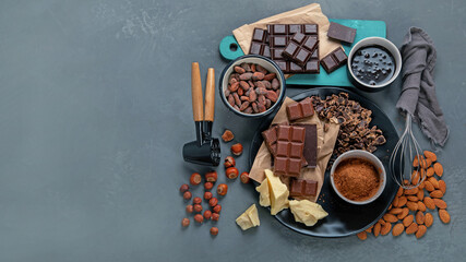 Delicious chocolate bars and pieces