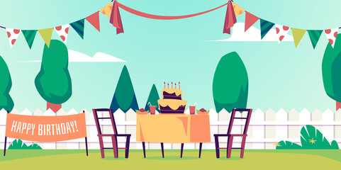 Birthday backyard party outside decorations, flat cartoon vector illustration