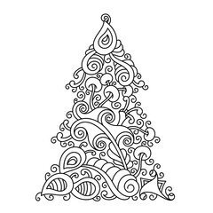 Coloring page with Christmas tree. Hand-drawn Doodl abstract pattern. Coloring book for adults and children. Merry Christmas, Happy New year. Black and white